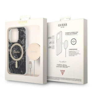 Set Guess GUBPP14LHMEACSK Case+ Charger iPhone 14 Pro 6.1" black/black hard case Marble MagSafe