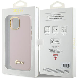 Guess Silicone Script Metal Logo & Frame case for iPhone 15 - pink
