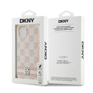 DKNY Leather Checkered Mono Pattern & Printed Stripes case for iPhone 15 / 14 / 13 - pink