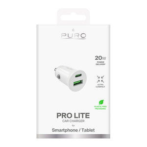 Puro Pro Lite Car Charger 1x USB-A + 1x USB-C Power Delivery 20W - White