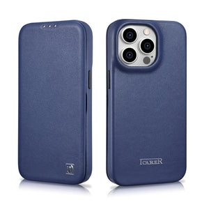 iCarer CE Premium Leather Folio Case iPhone 14 Pro Magnetic Flip Leather Folio Case MagSafe Blue (WMI14220714-BU)