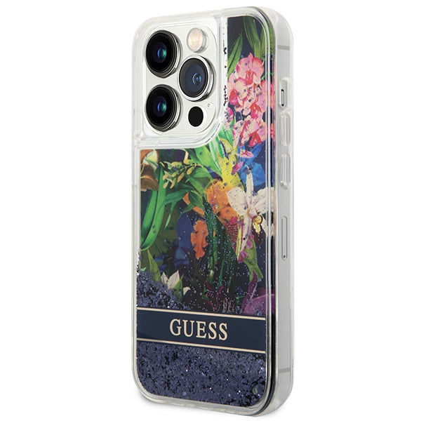 Guess GUHCP14LLFLSB iPhone 14 Pro 6.1 "blue / blue hardcase Flower Liquid Glitter