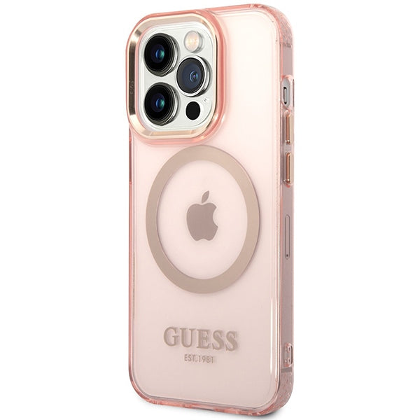 Guess GUHMP14XHTCMP iPhone 14 Pro Max 6.7" pink/pink hard case Gold Outline Translucent MagSafe