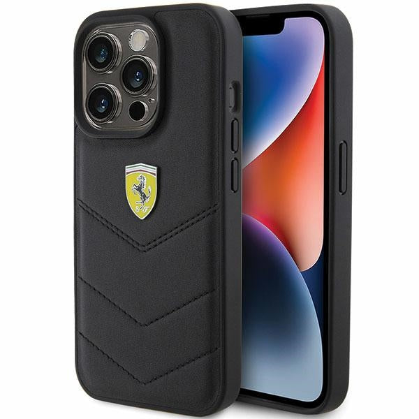 „Ferrari“ dygsniuotas metalinis logotipo dėklas, skirtas „iPhone 15 Pro“ – juodas