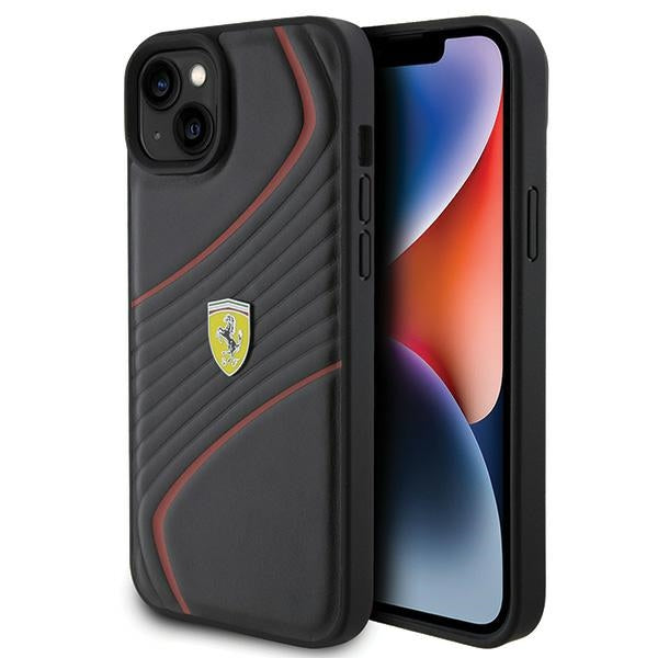 „Ferrari Twist“ metalinis logotipo dėklas, skirtas „iPhone 15 Plus“ – juodas