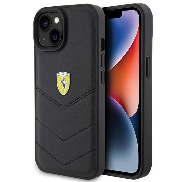 „Ferrari“ dygsniuotas metalinis logotipo dėklas, skirtas „iPhone 15“ – juodas