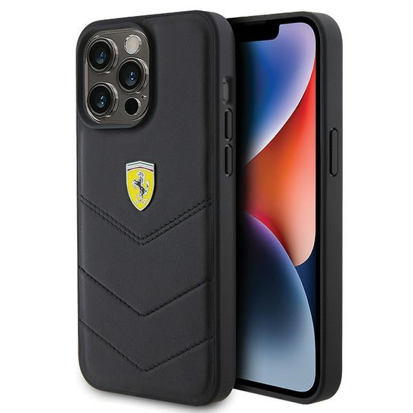 „Ferrari“ dygsniuotas metalinis logotipo dėklas, skirtas „iPhone 15 Pro Max“ – juodas