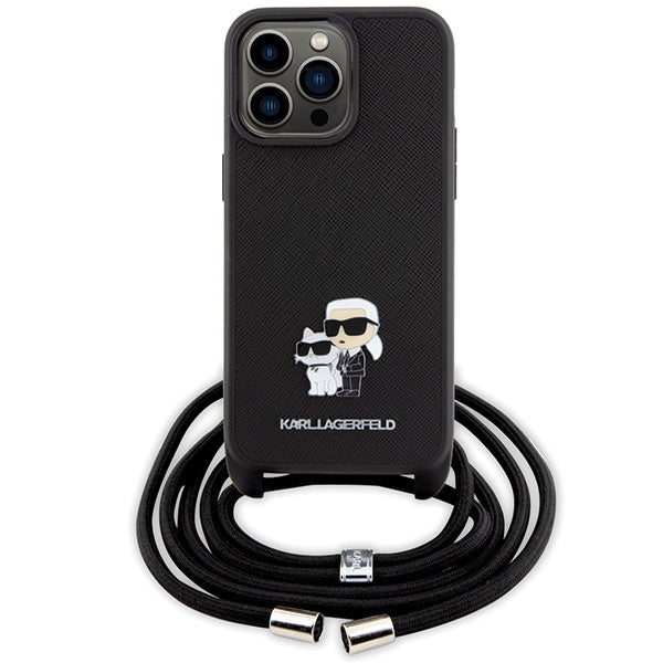 Karl Lagerfeld Crossbody Saffiano Metal Pin Karl &amp; Choupette Case for iPhone 15 Pro Max - Black