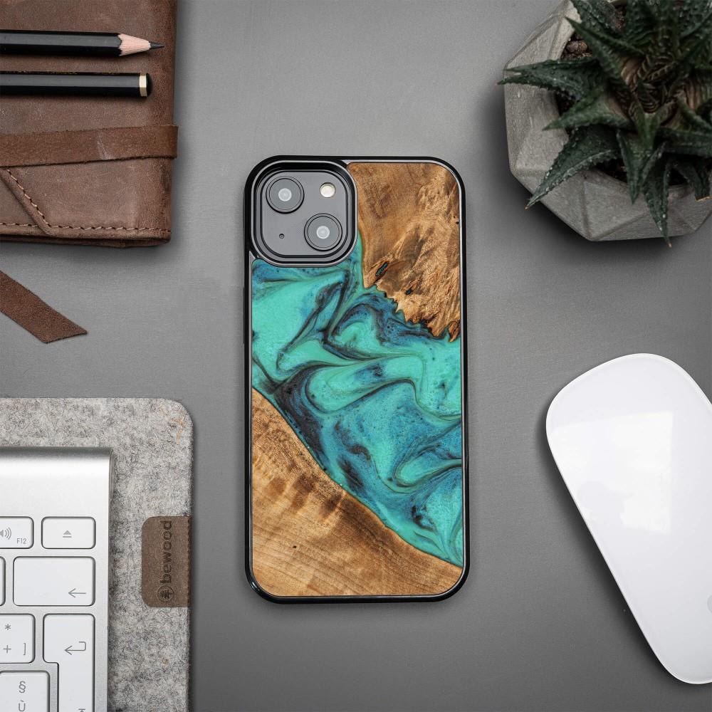 Wood and resin case for iPhone 15 Plus Bewood Unique Turquoise - turquoise and black