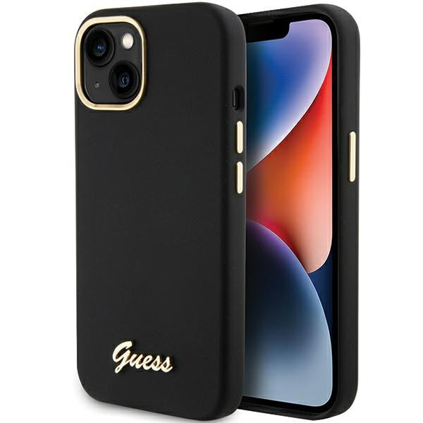 Guess Silicone Script Metal Logo &amp; Frame case for iPhone 15