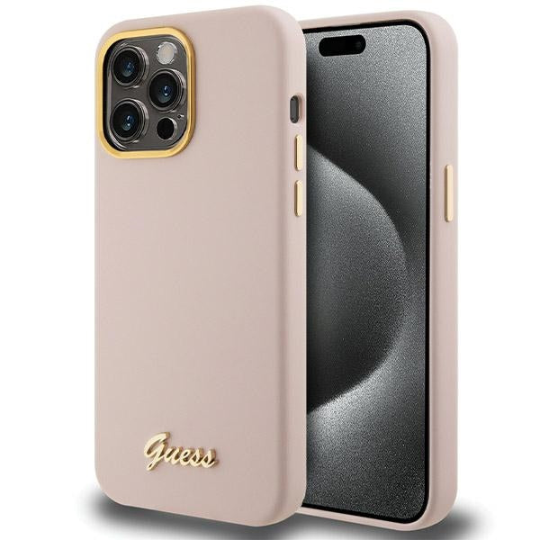 Guess Silicone Script Metal Logo &amp; Frame case for iPhone 15 Pro Max - pink