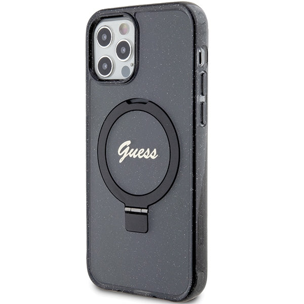 Guess Ring Stand Script Glitter MagSafe case for iPhone 12/12 Pro - black
