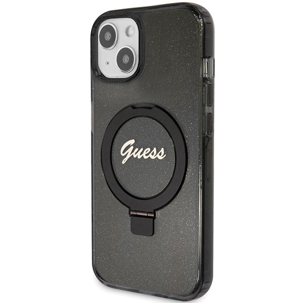 Guess Ring Stand Script Glitter MagSafe case for iPhone 14 / 15 / 13 - black