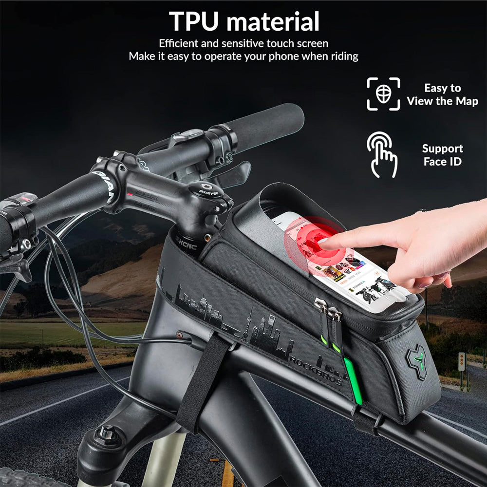 „Rockbros 029-1BK“ dviračio krepšys rėmui su telefono dėklu – juodas