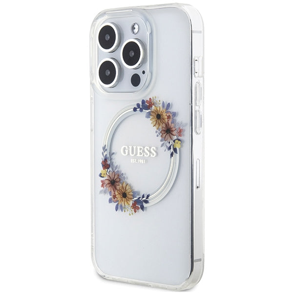 Guess IML Flowers Wreatch MagSafe case for iPhone 15 Pro - transparent