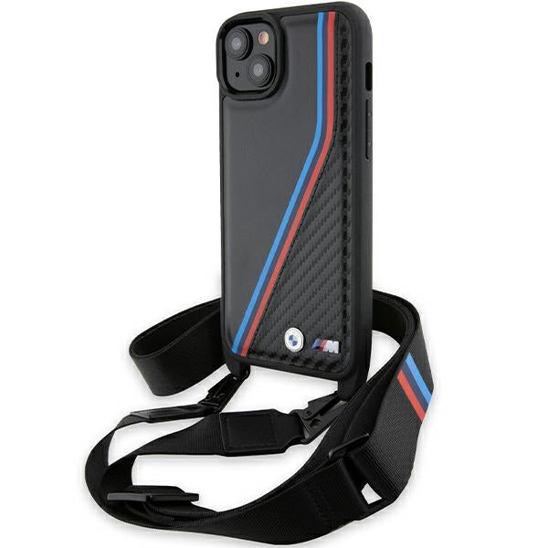 BMW M Edition Carbon Tricolor Lines &amp; Strap case for iPhone 15 Plus / 14 Plus - black
