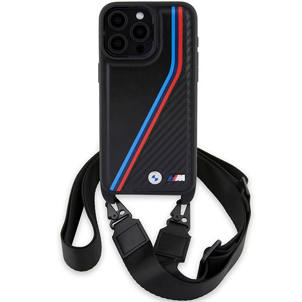 BMW M Edition Carbon Tricolor Lines &amp; Strap case for iPhone 15 Pro Max - black
