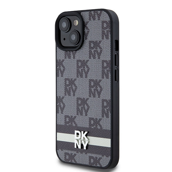 DKNY Leather Checkered Mono Pattern &amp; Printed Stripes Case for iPhone 15/14/13 - Black