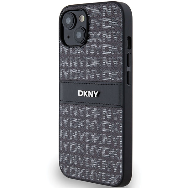 DKNY Leather Mono Stripe &amp; Metal Logo Case for iPhone 15/14/13 - Black