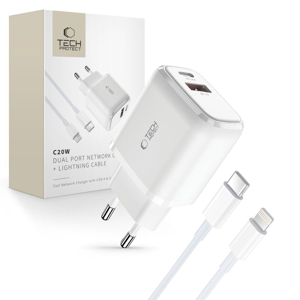 Tech-Protect C20W USB-C PD 20W / USB-A QC 3.0 Charger with USB-C / Lightning Cable - White