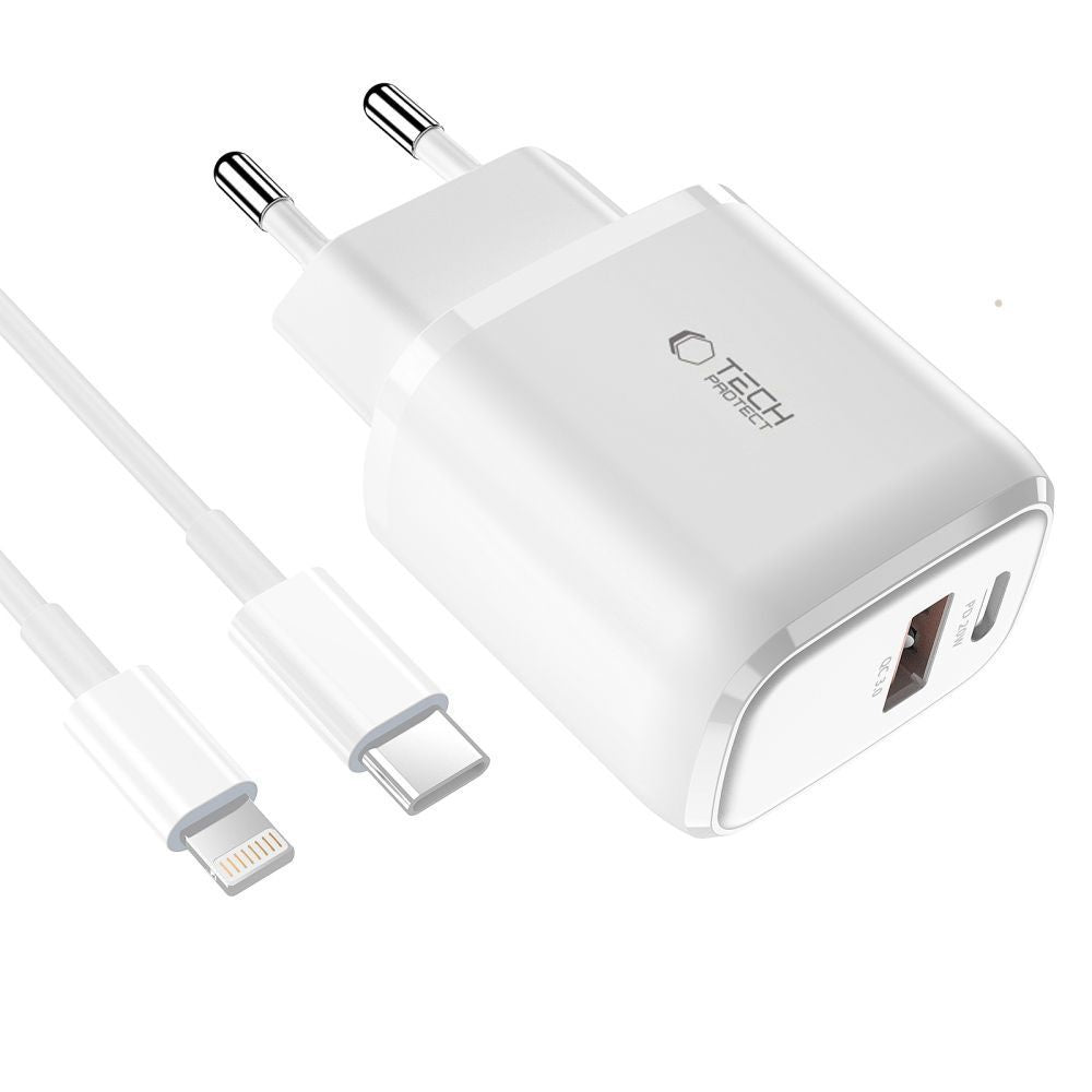 Tech-Protect C20W USB-C PD 20W / USB-A QC 3.0 Charger with USB-C / Lightning Cable - White