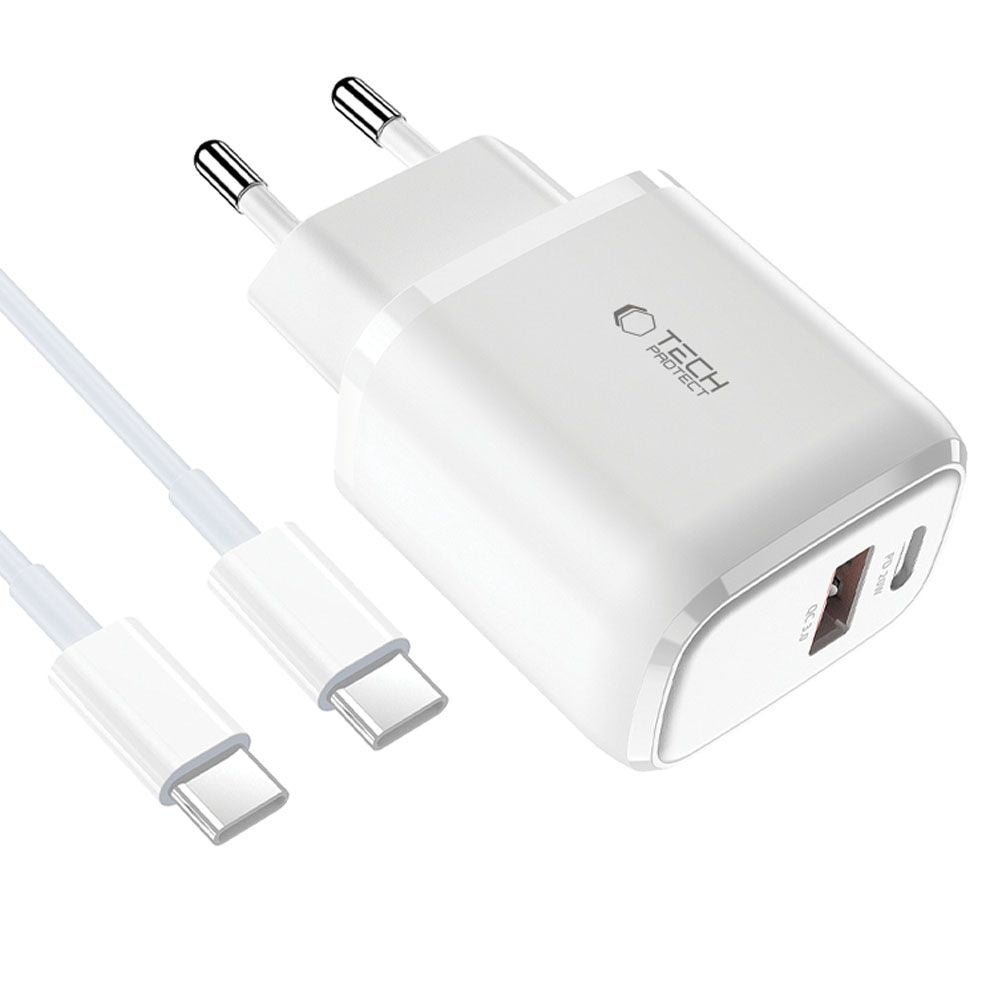 Tech-Protect C20W USB-C PD 20W / USB-A QC 3.0 charger with USB-C / USB-C cable - white