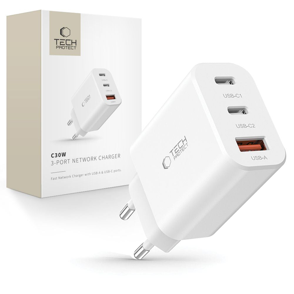 Tech-Protect NC30W charger 2x USB-C PD 30W / USB-A QC 3.0