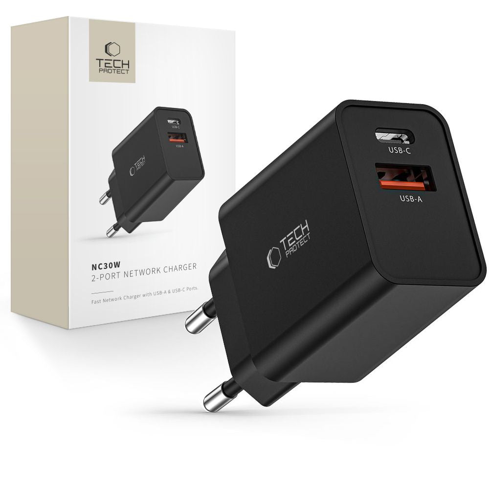 „Tech-Protect NC30W“ įkroviklis USB-C PD 30W / USB-A QC 3.0 - juodas