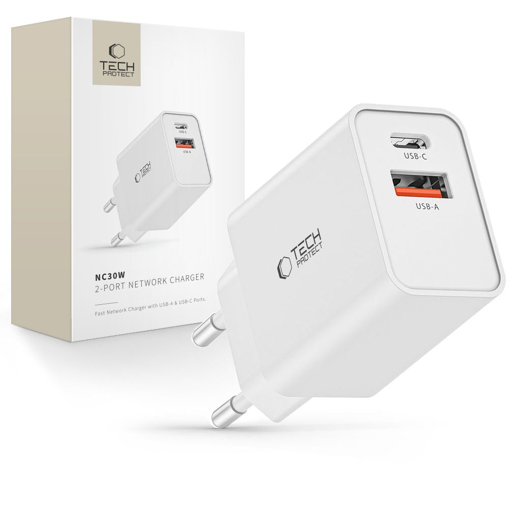 „Tech-Protect NC30W USB-C PD 30W / USB-A QC 3.0“ įkroviklis – baltas