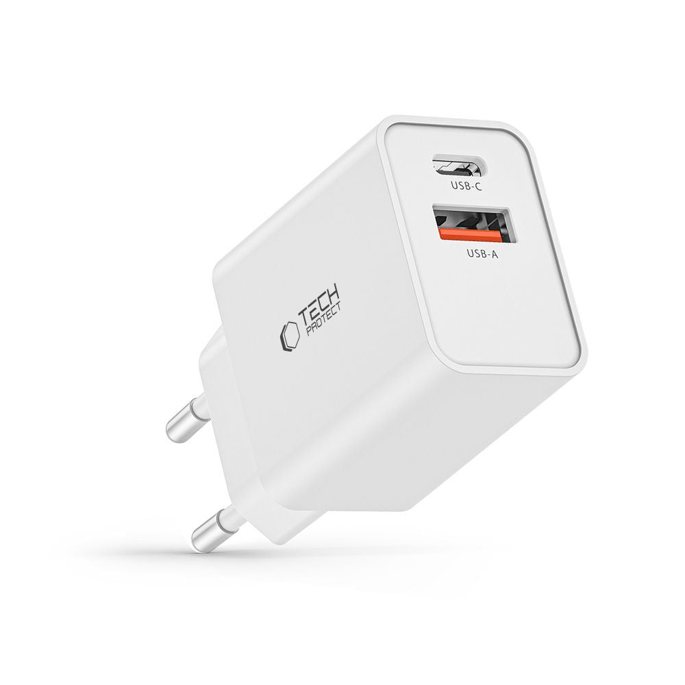 „Tech-Protect NC30W USB-C PD 30W / USB-A QC 3.0“ įkroviklis – baltas