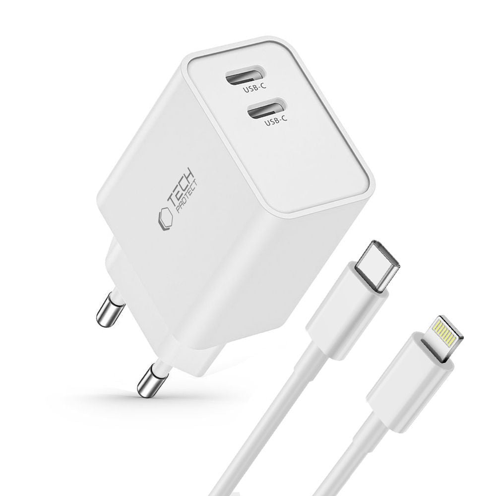Tech-Protect C35W 2x USB-C PD 35W Wall Charger with USB-C / Lightning Cable - White