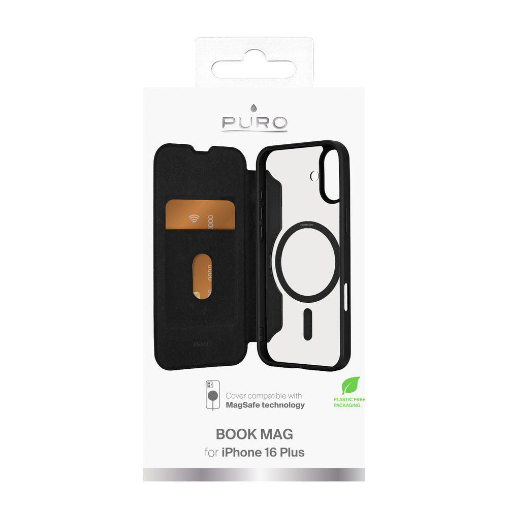 „Puro Book Mag MagSafe“ odinis dėklas su atvartu ir kortelių lizdu, skirtas „iPhone 16 Plus“ – juodas