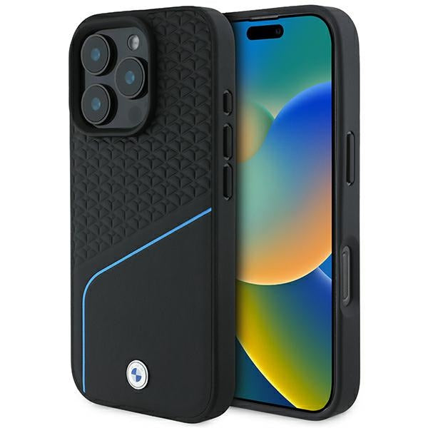 BMW Signature Leather Textured &amp; Line MagSafe iPhone 16 Pro Case - Black