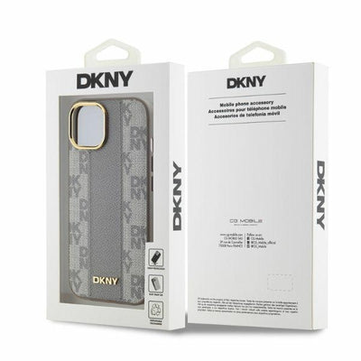 DKNY Leather Checkered Mono Pattern MagSafe iPhone 14 Case - Beige