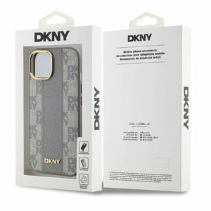DKNY Leather Checkered Mono Pattern MagSafe iPhone 15 Case - Beige