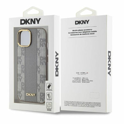 DKNY Leather Checkered Mono Pattern MagSafe iPhone 15 Case - Beige