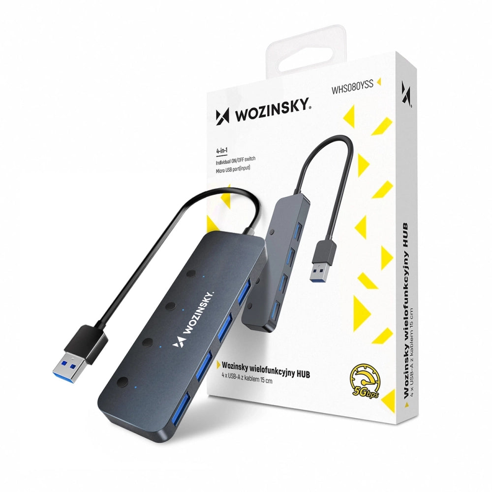 USB-A Hub Wozinsky WHS080YSS 4 x USB-A 3.0 with individual switches, aluminum, with 30 cm cable - gray