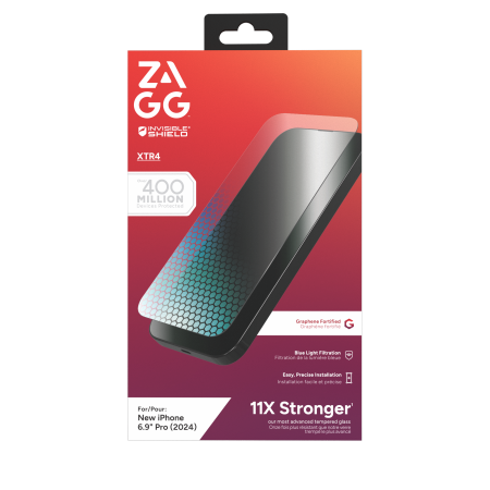 ZAGG InvisibleShield Glass XTR4 grafeno ekrano apsauga su mėlynos šviesos filtru, skirta iPhone 16 Pro Max