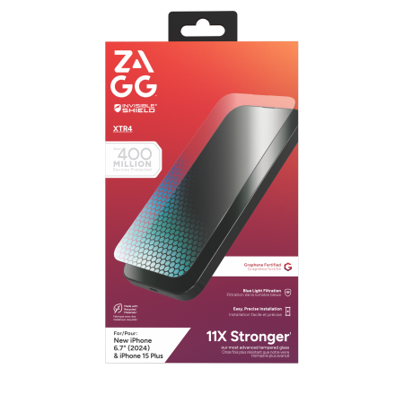 ZAGG InvisibleShield Glass XTR4 grafeno apsauginis stiklas su mėlynos šviesos filtru, skirtas iPhone 15 Plus / 16 Plus