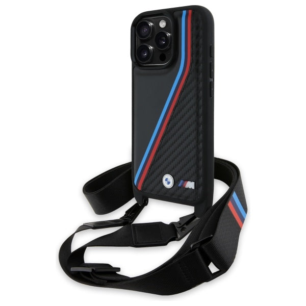 BMW M Edition Carbon Tricolor Lines &amp; Strap Case for iPhone 16 Pro Max - Black
