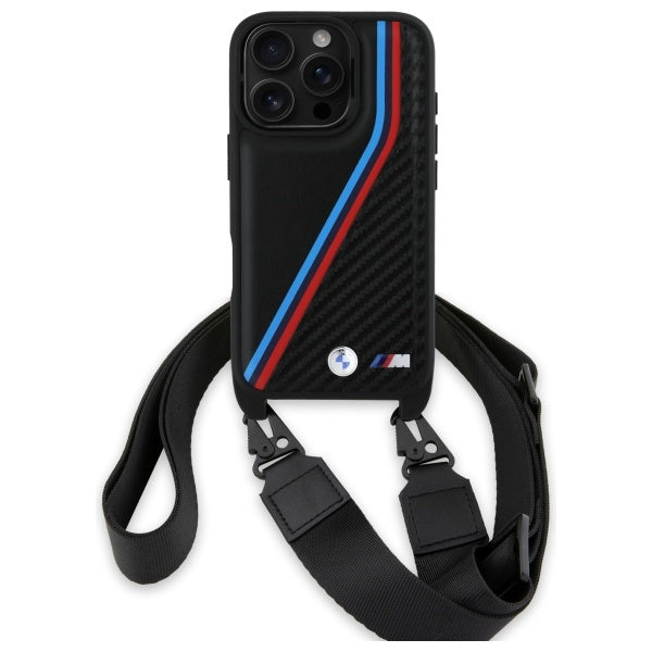 BMW M Edition Carbon Tricolor Lines &amp; Strap Case for iPhone 16 Pro Max - Black