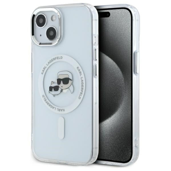 Karl Lagerfeld IML Metal Karl&amp;Choupette Head MagSafe iPhone 15 Case - White