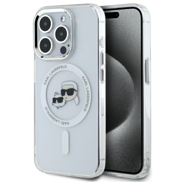 Karl Lagerfeld IML Metal Karl&amp;Choupette Head MagSafe Case for iPhone 15 Pro Max - White