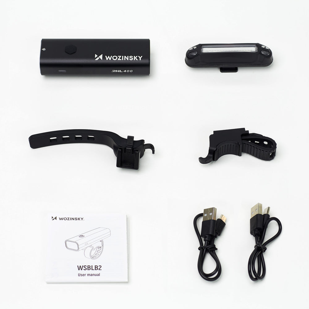 Wozinsky WSBLB2 Front (400 lm) and Rear USB-C Bike Light Set - Black