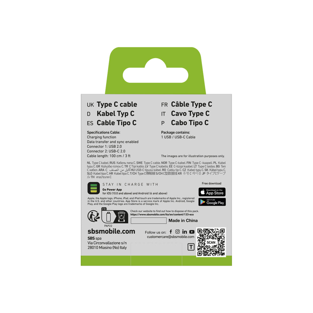 SBS TECABLETYC1KPOS USB-A - USB-C Cable 1m - Black