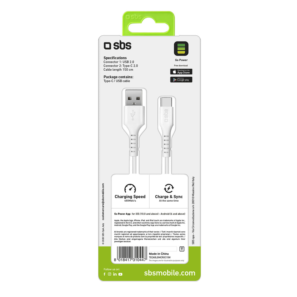 SBS TECABLEMICROC15W USB-A - USB-C Cable 1.5m - White