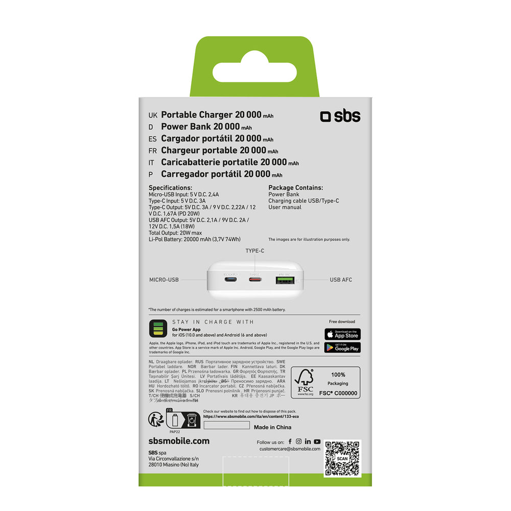 Nešiojamoji baterija SBS TTBB20000PD20W 20000 mAh 20W su maitinimo šaltiniu ir MicroUSB, USB-C, USB-A jungtimi – balta