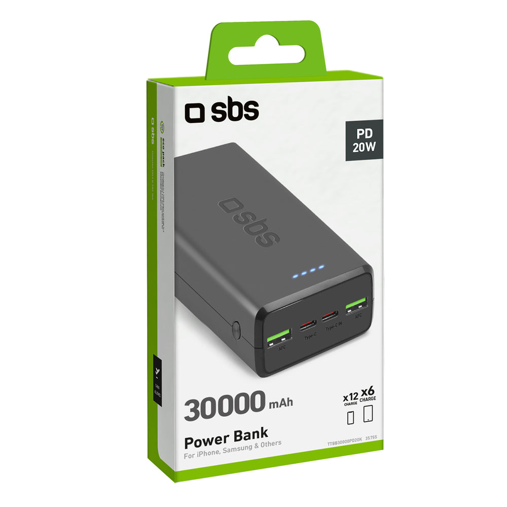 Nešiojamoji baterija SBS TTBB30000PD20K 30000 mAh 2 x USB-C 2 x USB-A - juoda