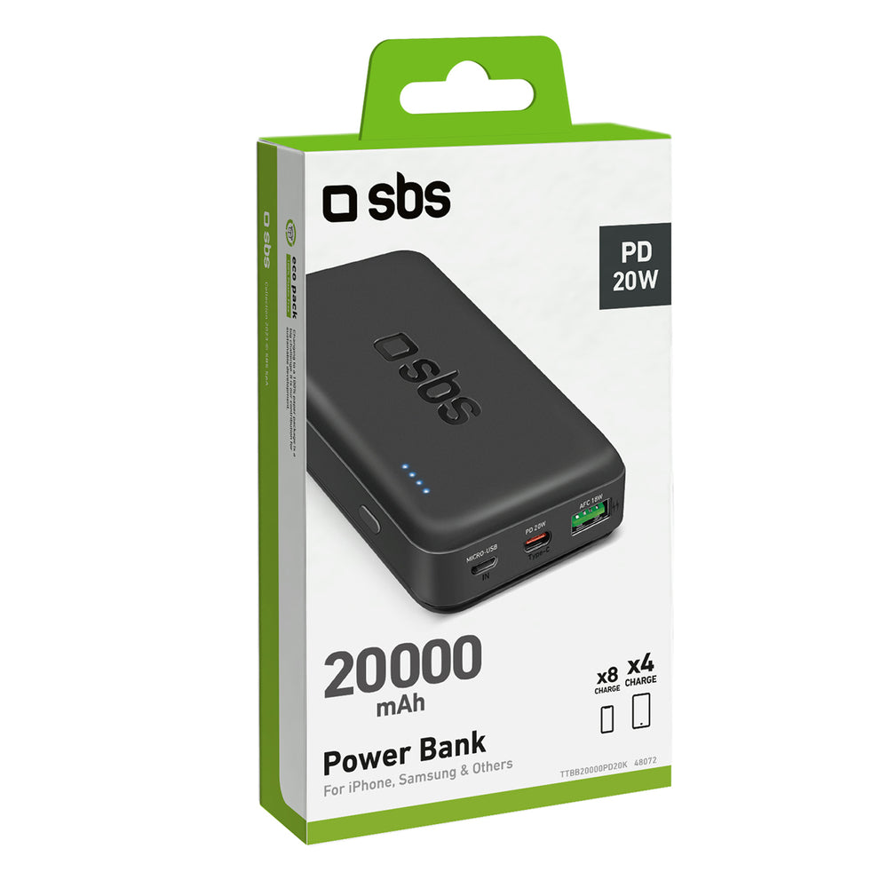 Nešiojamoji baterija SBS TTBB20000PD20K 20000 mAh 20W PD USB-C, USB-A, Micro USB - juoda