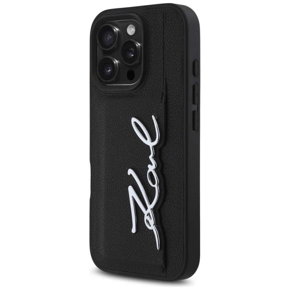 Karl Lagerfeld HC Grained PU Cardslot Metal Signature iPhone 16 Pro Max Case - Black